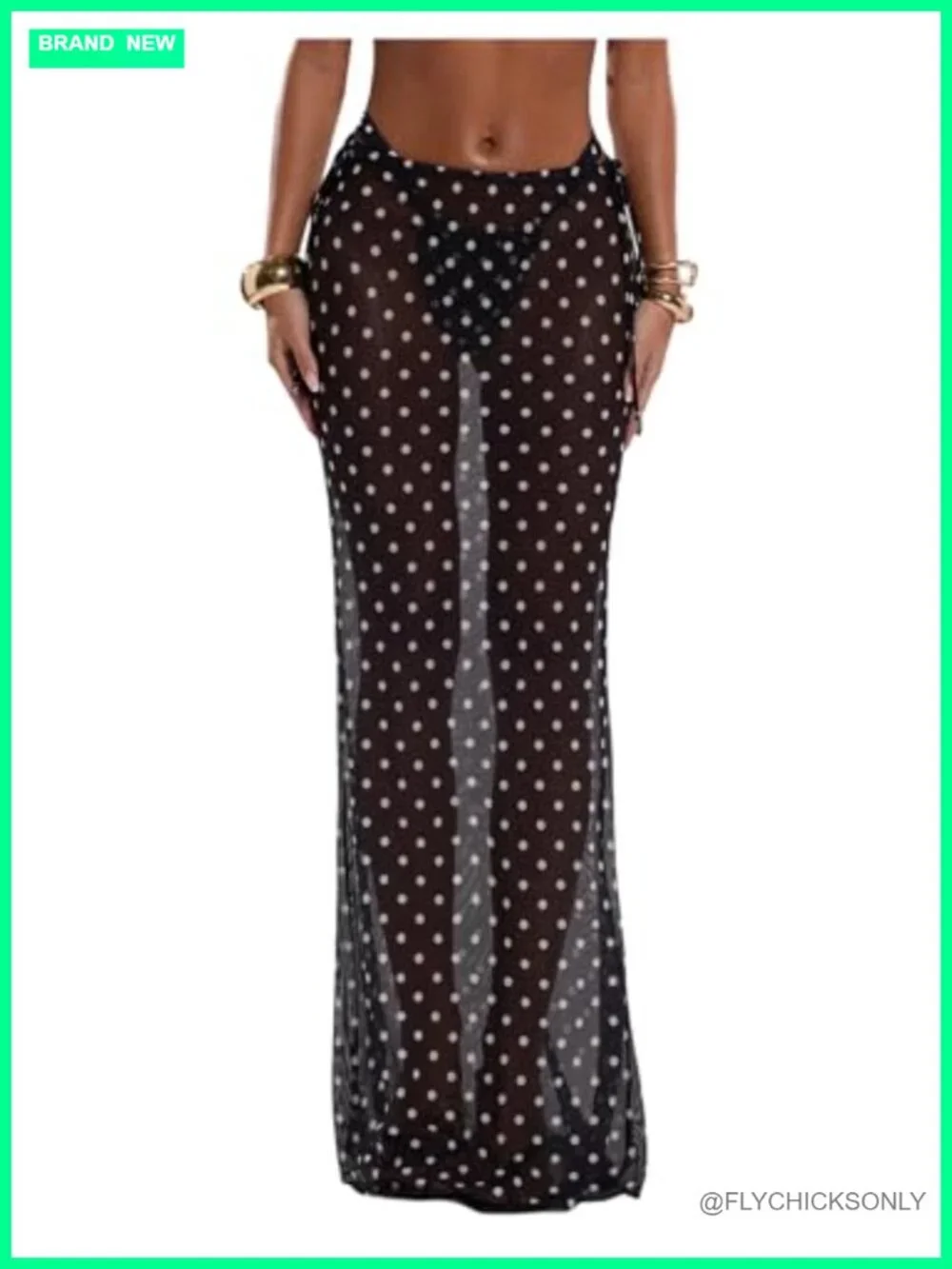 Polka Dots Sheer Mesh Long Maxi Skirt Swimwear Cover Up Drawstring Side High